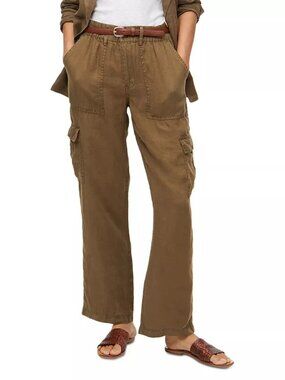 MICHAEL STARS Bobbi Olive Brown 100% Linen Straigt Leg Cargo Pants, Size S